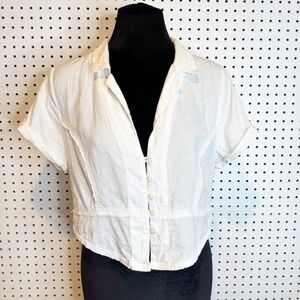 We The Free | Annabelle White Linen Blend Cropped Button Down Shirt Raw Edge